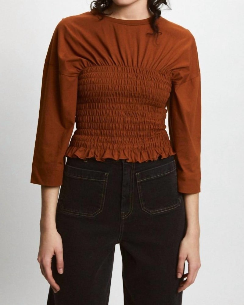Front of a model wearing a size L Navajo T-Shirt in Camel in Camel by RITA ROW. | dia_product_style_image_id:363141